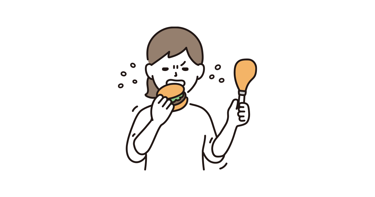 ストレス食いをする女性のイラスト|商用可・フリーイラスト素材|ソコスト