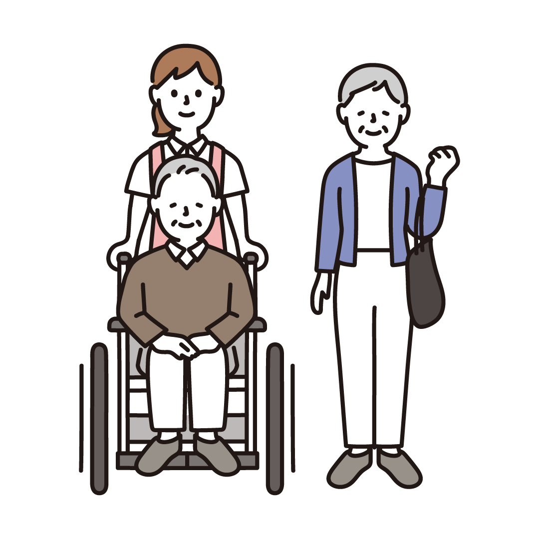 車椅子のおじいさんとおばあさん 介護士のイラスト フリーのイラスト素材集 ソコスト