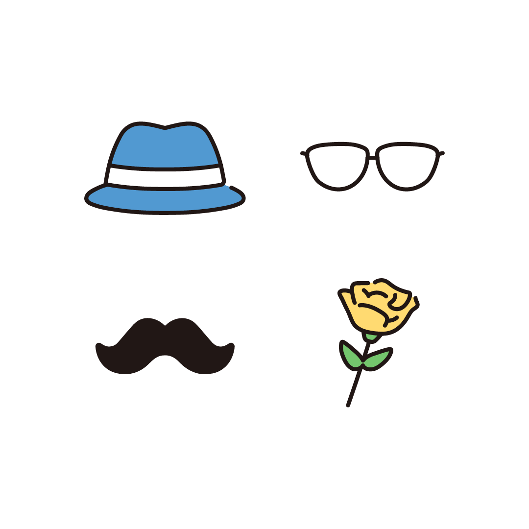 父の日のアイテム（帽子、眼鏡、ヒゲ、黄色いバラ）のイラスト