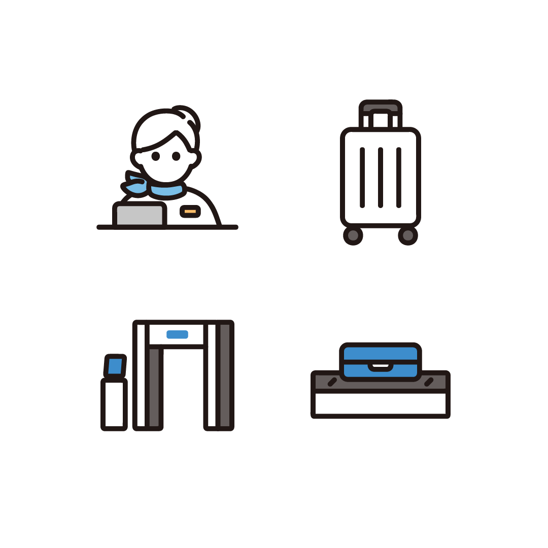 空港グランドスタッフ、キャリーケース、保安検査場、手荷物受取所