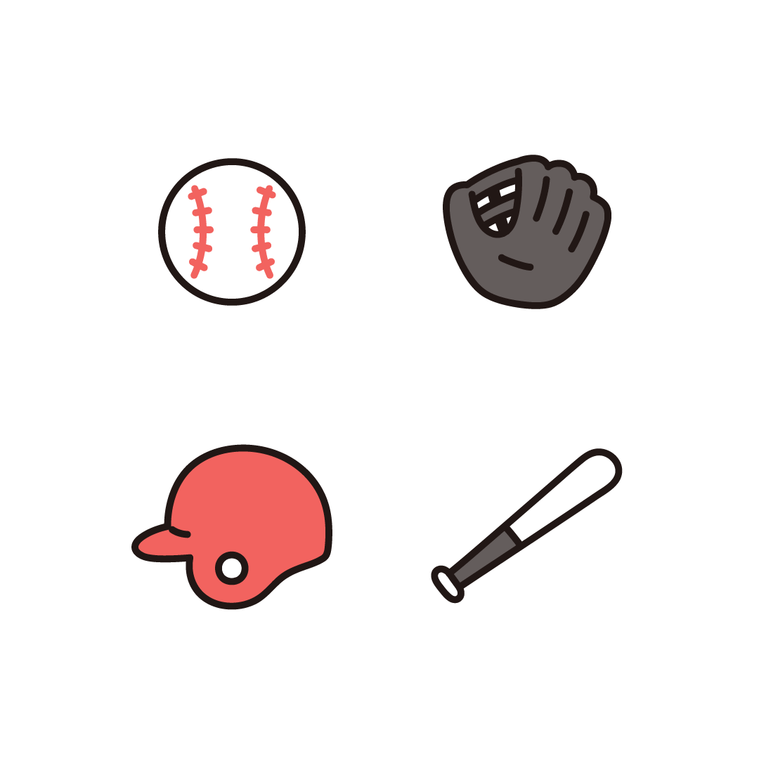 野球ボール、グローブ、ヘルメット、バット