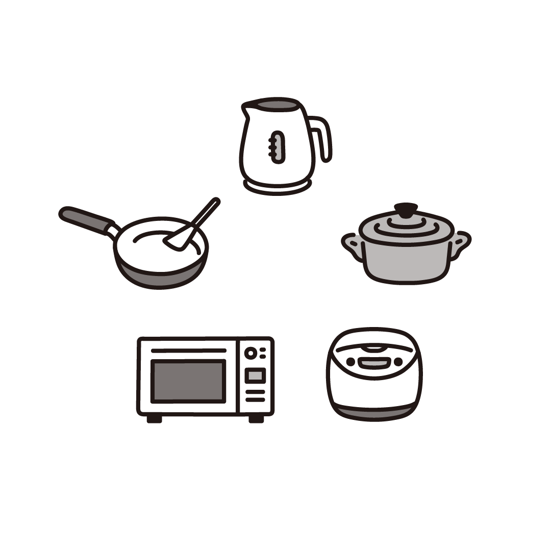 電気ケトル（ポッド）、フライパン、鍋、電子レンジ（オーブントースター）、炊飯器のイラスト