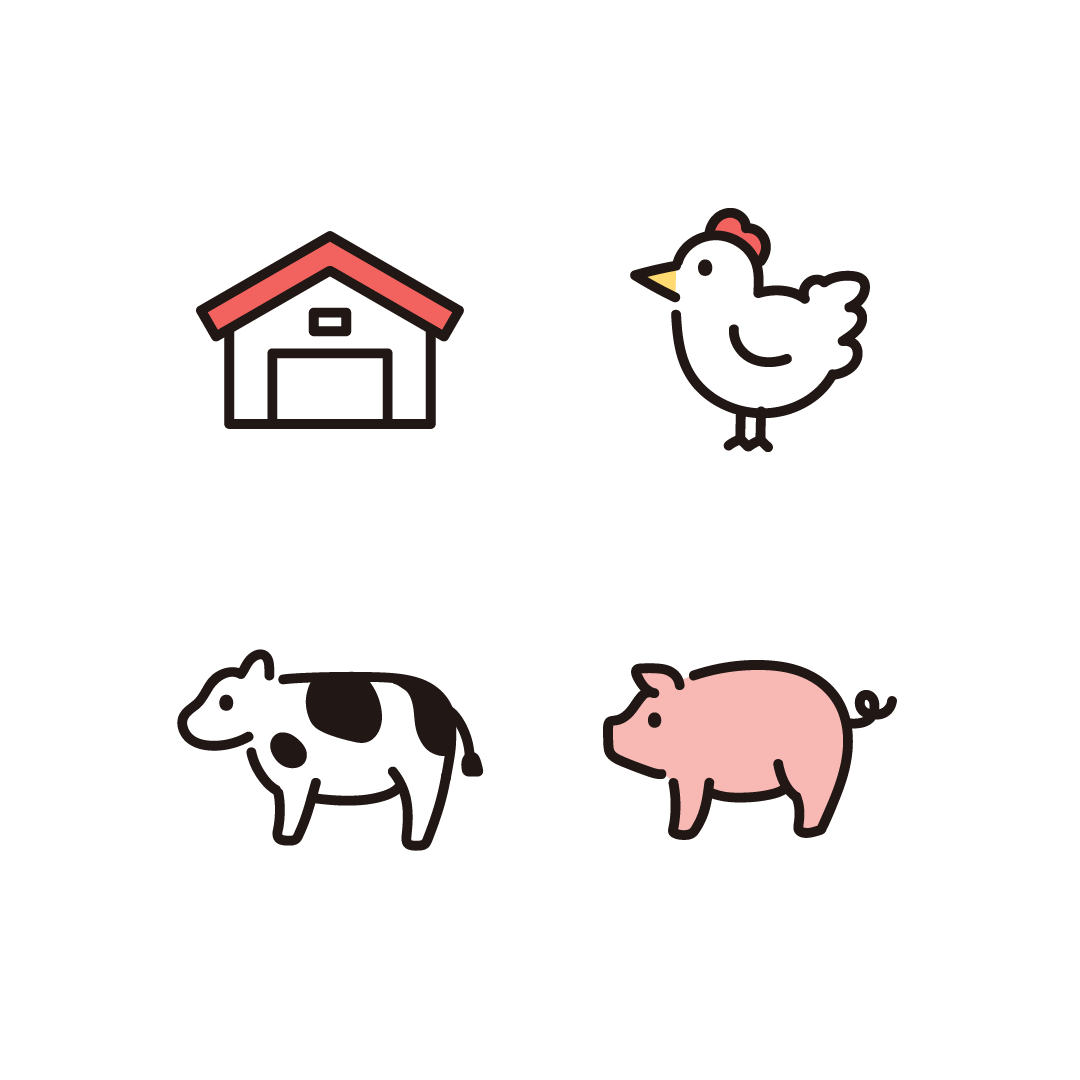農場の建物、ニワトリ、牛、豚（ブタ）