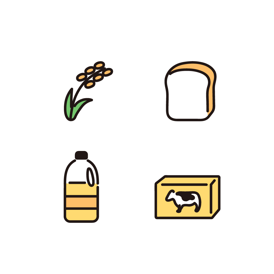 小麦、パン、油、バターのイラスト