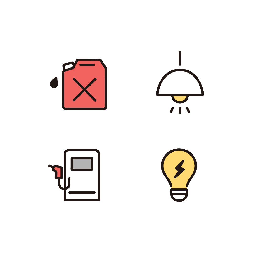 灯油、電気照明、ガソリン、電球のイラスト