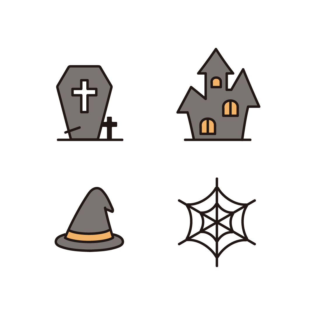 お墓、屋敷、魔女の帽子、蜘蛛（クモ）の巣のイラスト